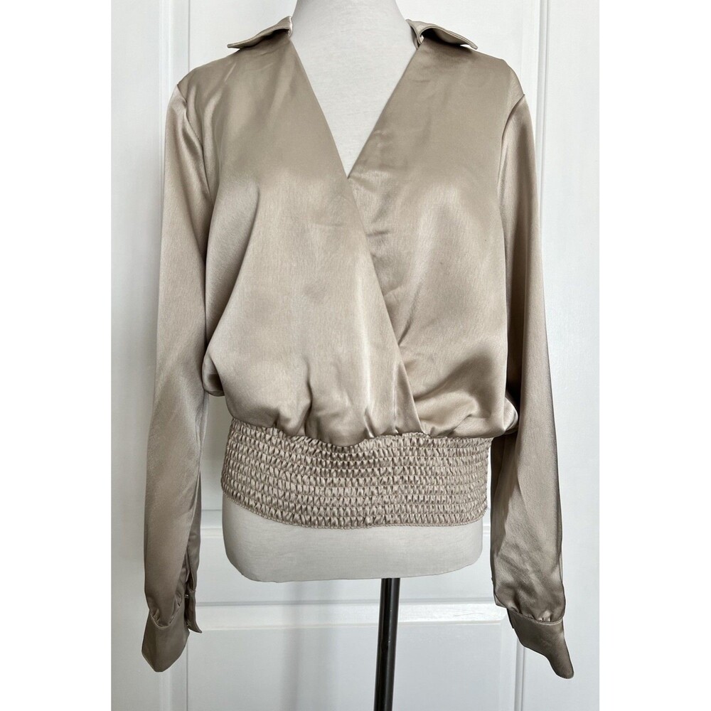 Tracy Evans V-Neck Long Sleeve Blouse Satiny Beige Faux Wrap Shirred Designer M